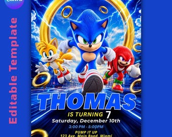 Sonic 3 Birthday Invitation Editable, Sonic The Hedgehog Party Invite, Sonic Birthday, Editable Canva Template(Digital Download)