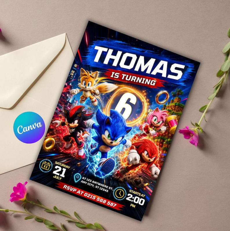 May include: A rectangular birthday invitation card featuring Sonic the Hedgehog characters including Tails, Shadow, Amy, and Knuckles. The text reads THOMAS IS TURNING 6, SATURDAY 21 JULY, AT 123 ANYWHERE ST ANY CITY ST 12345, STARTS AT 2:00 PM, and RSVP AT 0215 568 587.