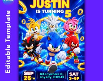 Sonic 3 Birthday Invitation, Sonic Party Invite, Sonic Invitation, Editable Sonic Kids Invite Template(Digital Download)