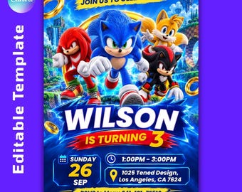 Sonic 3 Birthday Invitation, Sonic Birthday Party Invite, Sonic the Hedgehog Printable, Kids Birthday Digital Invitation(Instant Download)