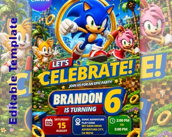 Sonic Birthday ,birthday invitation,Editable Canva Template, Kids Birthday Party Invite, Sonic Party Invitation, Digital Instant Download