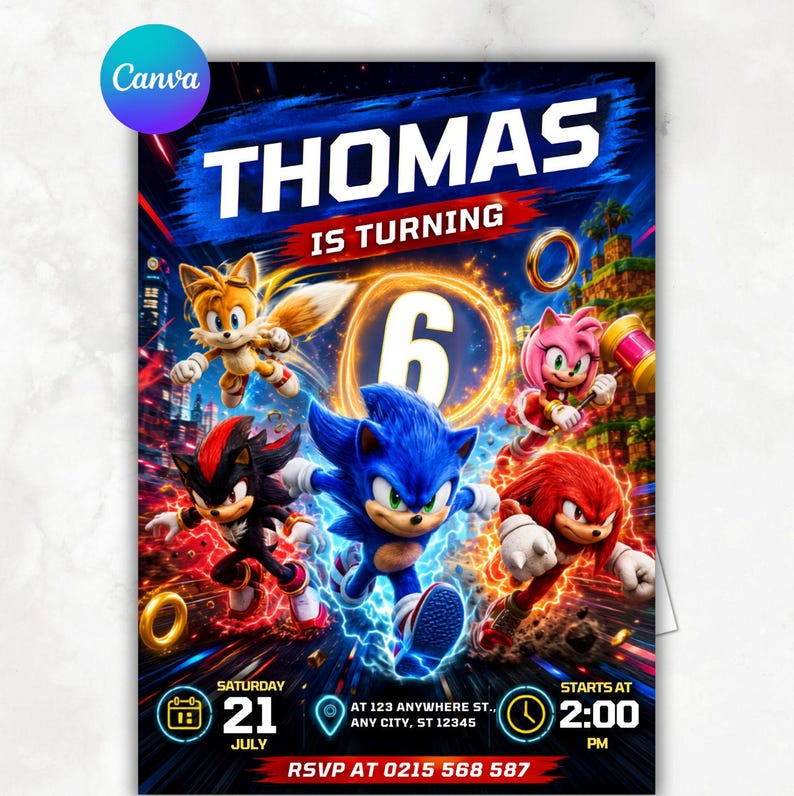May include: A birthday invitation card featuring Sonic the Hedgehog characters including Tails, Shadow, Amy Rose, and Knuckles. The text reads THOMAS IS TURNING 6, SATURDAY 21 JULY, AT 123 ANYWHERE ST., ANY CITY, ST 12345, STARTS AT 2:00 PM, RSVP AT 0215 568 587.