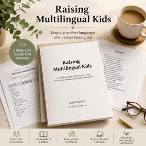 May include: A book titled "Raising Multilingual Kids" with the subtitle "Keep two or three languages alive without burning out." The book is open to a page with the title and author's name. A cup of coffee and reading glasses are also visible.