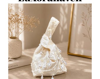 Bolso cubo con perlas blancas, bolso de mano de satén para novias, bolso vintage tipo dumpling, bolso cruzado tejido para mujer.