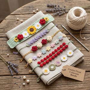 May include: A collection of six handmade crochet bracelets featuring floral and botanical motifs in red, yellow, white, pink, and green. The set includes a wide green wristband, delicate chains with flower accents, and a tag labeled Crochet Floral Collection Bundle.
