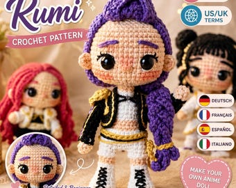 Schema PDF per realizzare all'uncinetto il personaggio KPOP Demon Hunter Rumi, bambola chibi amigurumi, peluche di idol anime, bambola da collezione all'uncinetto