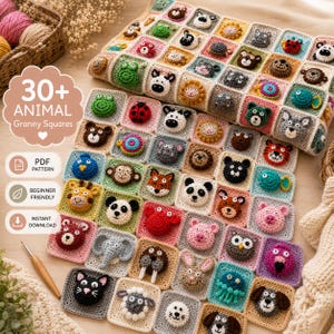 Könnte beinhalten: Eine Häkeldecke aus zahlreichen quadratischen Patches, die jeweils ein einzigartiges 3D-Tiergesicht in verschiedenen Farben zeigen. Die Decke enthält Motive von Fröschen, Bären, Pandas, Schweinen, Elefanten. Der Text lautet 30+ ANIMAL Granny Squares.