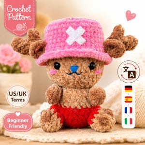 May include: A crocheted plush toy with a pink hat and white cross, brown antlers, and red shorts. The text "Crochet Pattern" is visible. The design is beginner-friendly.