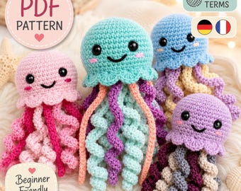 Schema PDF per realizzare una medusa all'uncinetto, un simpatico peluche amigurumi, un modello di animale marino adatto ai principianti, disponibile in formato PDF (USA, Regno Unito, tedesco, francese).