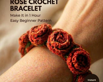 Schema PDF per braccialetto all'uncinetto con rose, braccialetto floreale facile per principianti, mini gioielli all'uncinetto con rose, braccialetto floreale fai da te, braccialetto all'uncinetto PDF