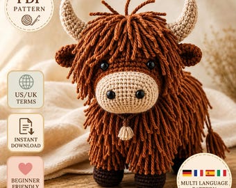 Patrón de ganchillo de vaca de las Tierras Altas en PDF / Vaca amigurumi, peluche de animal de granja esponjoso, descarga digital fácil para principiantes.