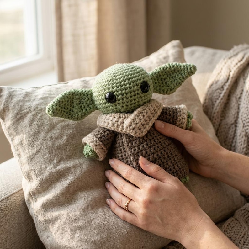 May include: A crocheted green and brown doll with large black eyes and large ears. The doll is held in someone's hands, resting on a beige pillow. The doll has a tan collar and a brown robe. The doll is a handmade item.
