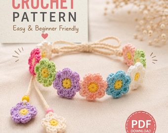 Schema PDF per braccialetto all'uncinetto con margherite, tutorial per principianti su come realizzare un braccialetto con fiori, idea regalo fai da te per un'amicizia.
