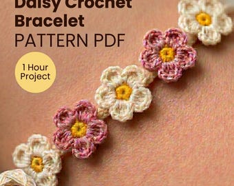 Schema PDF per braccialetto all'uncinetto a catena di margherite, gioielli floreali facili, braccialetto dell'amicizia boho, regalo veloce per principianti all'uncinetto