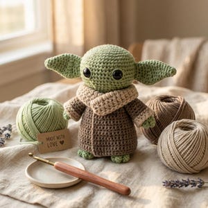May include: A handmade crochet doll in the likeness of a popular character, featuring large black eyes and oversized ears. The doll is wearing a brown coat and a tan scarf. A ball of green yarn and a crochet hook are also present, along with a tag that says "MADE WITH LOVE".