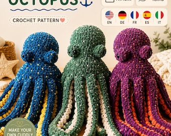 Schema PDF per realizzare un polpo gigante all'uncinetto / Ancora il polpo Amigurumi in peluche / Decorazione a tema oceano in peluche, ideale per principianti, e idea regalo