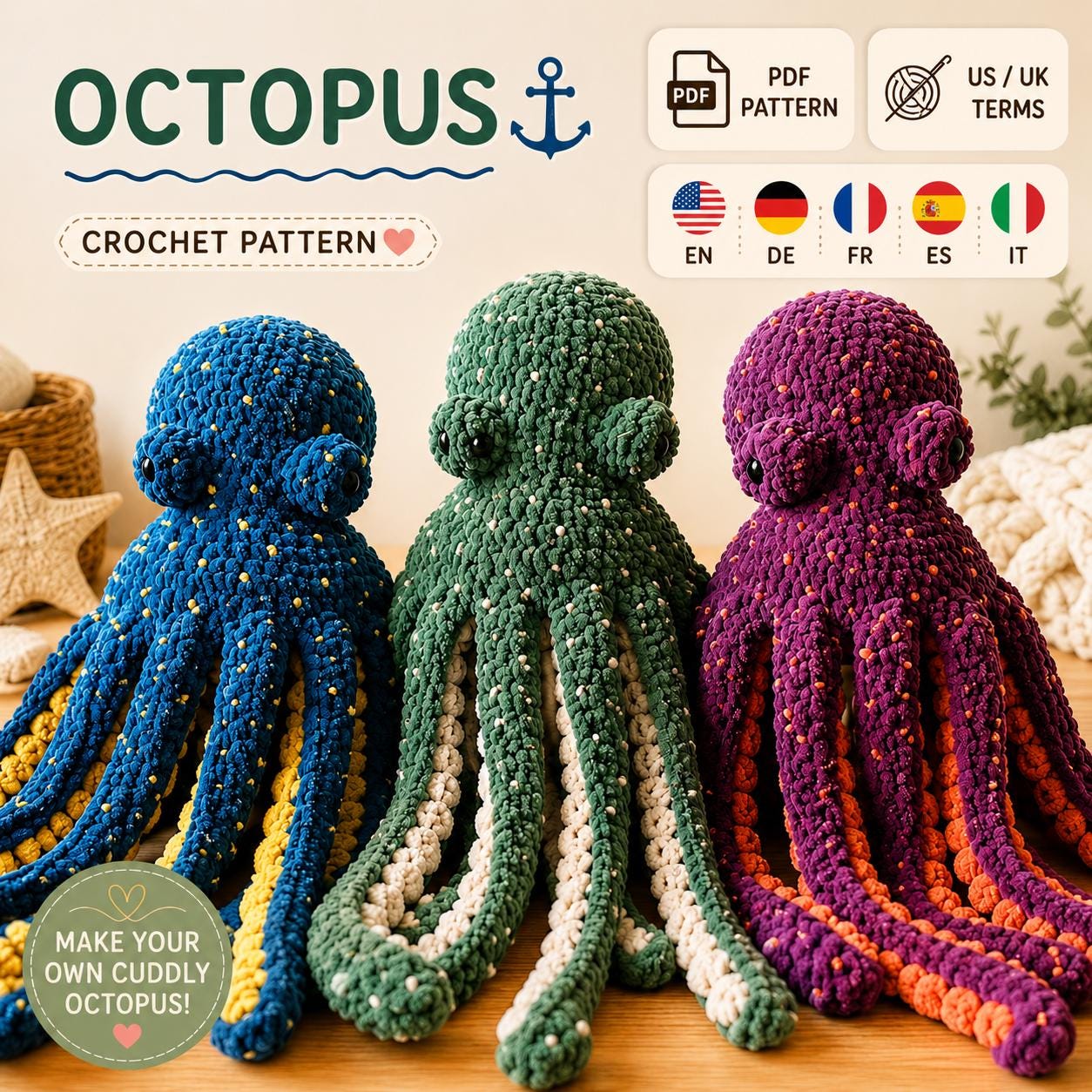 30 Giant Octopus Crochet Patterns for Plush Ocean Decor and Amigurumi Play 10 Giant Octopus Crochet Pattern PDF | Anchor the Octopus Amigurumi Plush