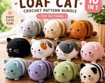 Pacchetto di 10 modelli all'uncinetto per realizzare un gatto a forma di pagnotta, amigurumi per principianti, peluche in formato PDF