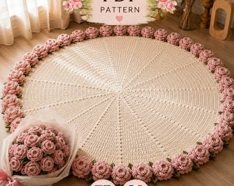 Schema PDF per coperta all'uncinetto con rose, coperta rotonda floreale, arredamento boho (USA/Regno Unito + Francia)