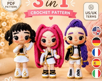 Kpop Demon Hunters Crochet Doll Pattern 3-in-1 Bundle | Rumi Mira Zoey Chibi Amigurumi Dolls PDF | US UK + Multilingual Guide