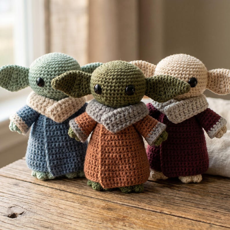 May include: Three handmade crochet dolls in the style of a popular character. Each doll has large ears, black eyes, and a robe. The dolls are in shades of blue, orange, and burgundy. The dolls are displayed on a wooden surface.