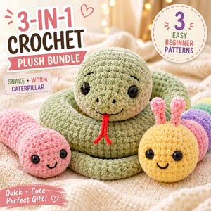 Beginner Crochet Pattern Bundle – No-Sew Snake, Worm, Caterpillar Plush Amigurumi Crochet (PDF)