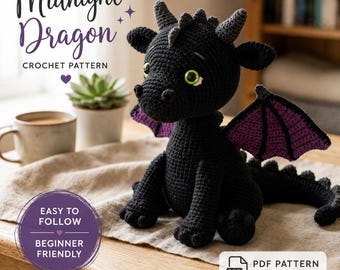 Schema per realizzare all'uncinetto il Drago di Mezzanotte, un peluche amigurumi adatto anche ai principianti (download in PDF)