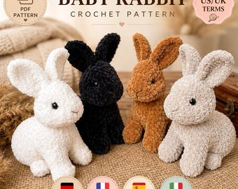 Modello PDF per coniglietto all'uncinetto, coniglietto amigurumi con orecchie flosce, coniglietto di peluche facile da realizzare all'uncinetto, terminologia US UK + tedesco francese spagnolo italiano