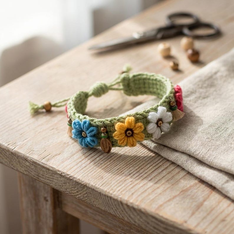 May include: A sage green crocheted bracelet featuring three-dimensional embroidered flowers in blue, yellow, and white. The band is accented with small wooden beads and dangling charms, finished with a sliding knot closure for an adjustable fit.