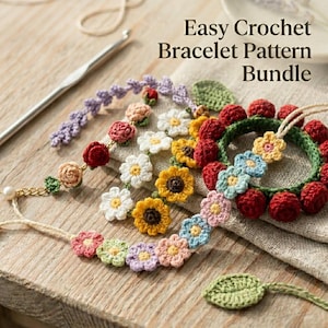 May include: A collection of handmade crochet bracelets featuring floral designs in red, yellow, white, blue, pink, and purple, alongside a silver crochet hook. The text Easy Crochet Bracelet Pattern Bundle is visible in the upper right corner.