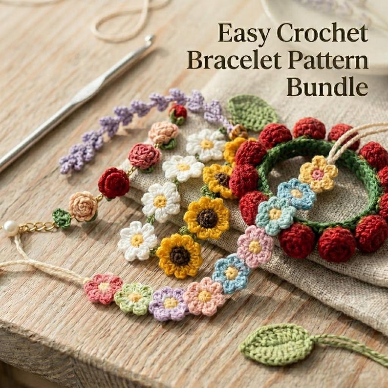 May include: A collection of handmade crochet bracelets featuring floral designs in red, yellow, white, blue, pink, and purple, alongside a silver crochet hook. The text Easy Crochet Bracelet Pattern Bundle is visible in the upper right corner.