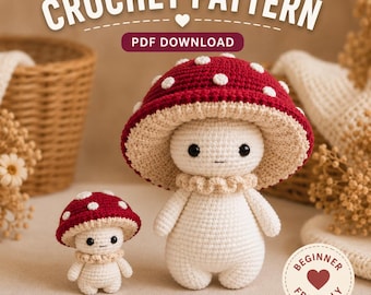 Mushroom Guy Crochet Pattern PDF, Easy Amigurumi Mushroom Tutorial, Beginner Toadstool Plush, Cottagecore Crochet Gift