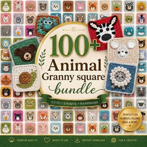 Könnte beinhalten: Ein digitales Bündel-Cover mit dem Titel 100+ Animal Granny square bundle, das ein Raster aus verschiedenen gehäkelten Tierquadraten zeigt, darunter ein Bär, eine Schnecke, ein Zebra und ein Schaf, sowie ein goldenes Emblem und grüne Banner.