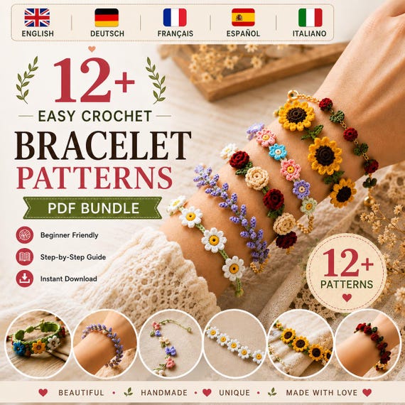 Crochet Bracelet Pattern Bundle, 12+ Easy Friendship Bracelet Patterns | Boho Floral Jewelry for Beginners