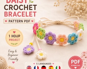 Daisy Crochet Bracelet Pattern PDF, Beginner Flower Bracelet Tutorial, Friendship Gift DIY Easy Crochet Pattern