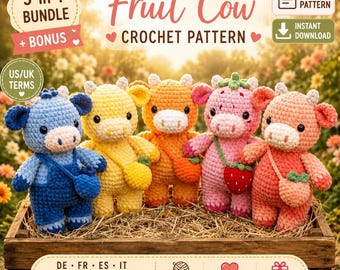 Pacchetto di modelli PDF per uncinetto di mucche con frutta, modello amigurumi di mucca con fragole, peluche 5 in 1 di mucca delle Highlands all'uncinetto, simpatico giocattolo a forma di mucca