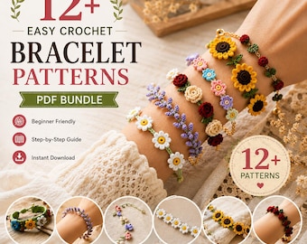 Pacchetto di modelli per braccialetti all'uncinetto, oltre 12 modelli facili per braccialetti dell'amicizia / Gioielli floreali boho per principianti