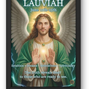 Può includere: Opera d'arte incorniciata raffigurante una figura alata con una veste verde e una corona d'alloro. Il testo "LAUVIAH June 11th-15th" è presente. Include anche le parole "Intuizione Sogni Rivelazioni Spiritualità".
