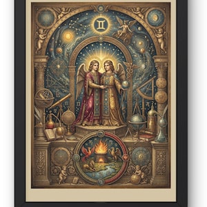 Può includere: Una stampa d'arte da parete incorniciata che presenta un'illustrazione dettagliata del segno zodiacale Gemelli. L'opera raffigura due figure alate in piedi sotto un arco, circondate da motivi celesti, strumenti scientifici e un fuoco centrale.