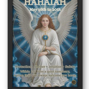 Può includere: Opera d'arte incorniciata raffigurante un angelo con grandi ali bianche, una veste bianca e un emblema blu e oro. Il testo "HAHAIAH May 16th to 20th" è in alto, con le parole chiave "Protection, Shelter, Intuition, Safety" in basso.