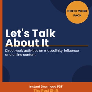Può includere: Una copertina di prodotto digitale con sfondo blu navy e accenti arancioni. Il titolo "Let's Talk About It" è in grande testo bianco. Sotto, si legge "Direct work activities on masculinity, influence and online content."
