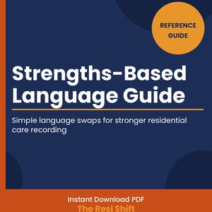 Peut inclure: Un guide numérique avec un fond bleu marine et des accents orange. Le titre "Strengths-Based Language Guide" est en grand texte blanc. Le guide propose des échanges de langage simples pour un enregistrement plus solide des soins résidentiels.