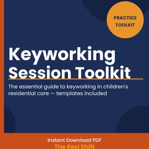 Può includere: Copertina di un prodotto digitale con il titolo "Keyworking Session Toolkit" in grande testo bianco su sfondo blu scuro. Un cerchio arancione in alto a destra recita "Practice Toolkit". Il fondo recita "Download istantaneo PDF".