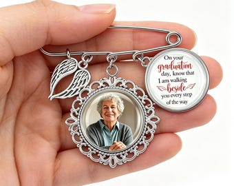 Custom Memorial Graduation Charm/Pin,Walking Beside Me,Personalized Photo Graduation Brooch,Remembrance Gift for Graduate