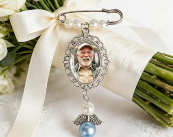 Custom Wedding Bouquet Charm with Angel Wings, Bridal Memorial Photo Charm, Something Blue Bridal Gift, Remembrance Brooch for Bride