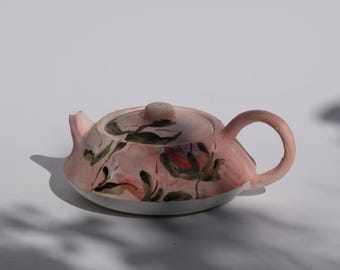 Roze bloementheepot | Handgemaakt en handgetekend | Porselein