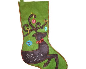 Ornate Deer Green Felt Stocking