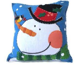 Snowman Felt Blue Pillow