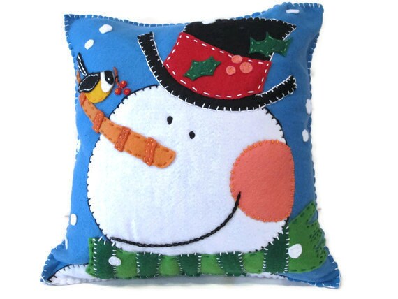 Snowman Felt Blue Pillow | Etsy