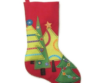 Festive Trees Red Felt Stocking